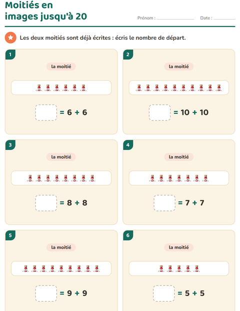 Aperçu de la fiche Doubles et moitiés avec Hôpital pour CP (cours préparatoire)