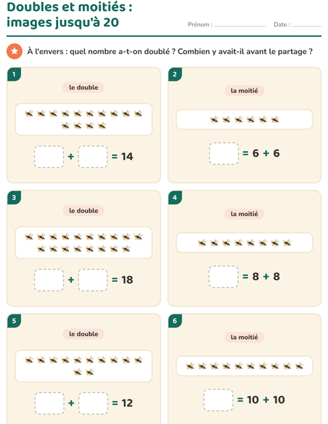 Aperçu de la fiche Doubles et moitiés avec Insectes et bestioles pour CP (cours préparatoire)