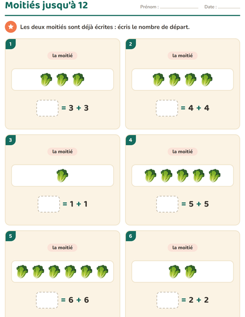Aperçu de la fiche Doubles et moitiés avec Légumes pour CP (cours préparatoire)