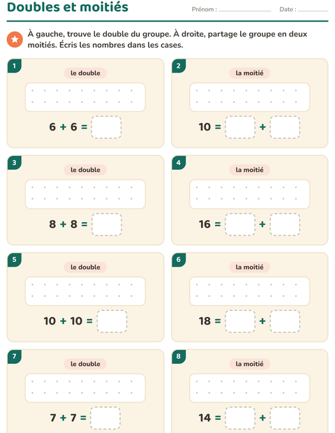 Aperçu de la fiche Doubles et moitiés avec Météo pour CP (cours préparatoire)
