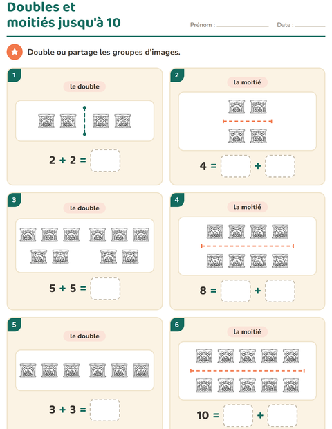 Aperçu de la fiche Doubles et moitiés avec Noël N&B 2 pour CP (cours préparatoire)
