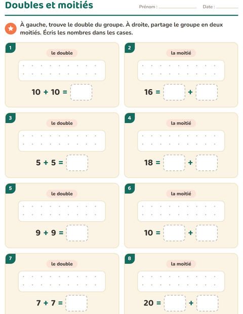 Aperçu de la fiche Doubles et moitiés avec Oiseaux 2 pour CP (cours préparatoire)