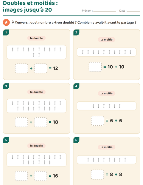 Aperçu de la fiche Doubles et moitiés avec Outils NB pour CP (cours préparatoire)