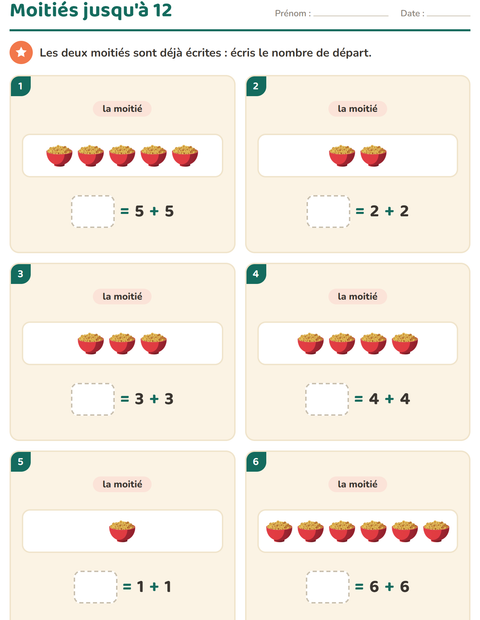 Aperçu de la fiche Doubles et moitiés avec Petit-déjeuner pour CP (cours préparatoire)