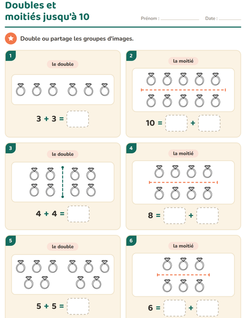 Aperçu de la fiche Doubles et moitiés avec Saint-Valentin NB 2 pour CP (cours préparatoire)