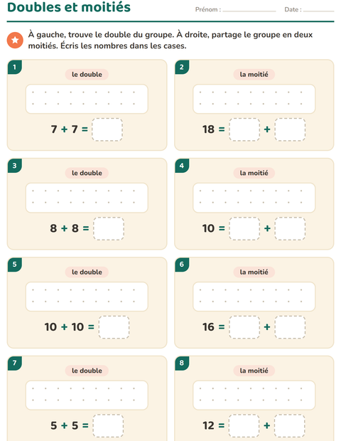 Aperçu de la fiche Doubles et moitiés avec Salle de classe (N&B) pour CP (cours préparatoire)