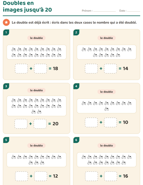 Aperçu de la fiche Doubles et moitiés avec Voyages et Vacances NB pour CP (cours préparatoire)