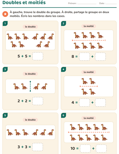 Aperçu de la fiche Doubles et moitiés avec Dinosaures pour CP (cours préparatoire)