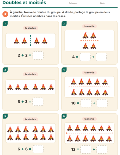Aperçu de la fiche Doubles et moitiés avec Divers pour CP (cours préparatoire)