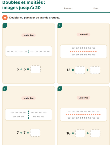 Aperçu de la fiche Doubles et moitiés avec Éducation NB pour CP (cours préparatoire)