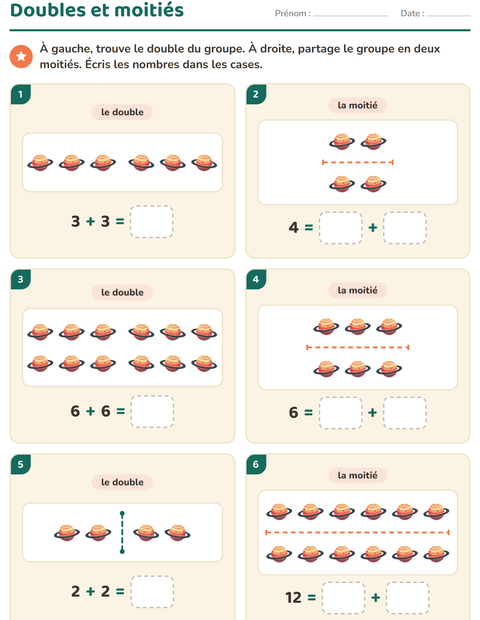 Aperçu de la fiche Doubles et moitiés avec Espace pour CP (cours préparatoire)