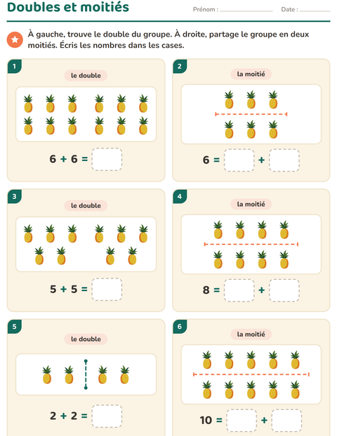Aperçu de la fiche Doubles et moitiés avec Été pour CP (cours préparatoire)