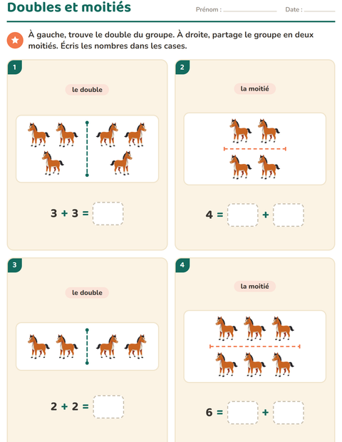 Aperçu de la fiche Doubles et moitiés avec Animaux de la ferme pour CP (cours préparatoire)