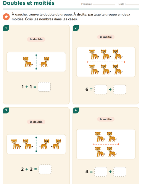 Aperçu de la fiche Doubles et moitiés avec Animaux du zoo pour CP (cours préparatoire)