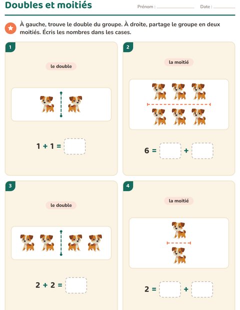 Aperçu de la fiche Doubles et moitiés avec Animaux pour CP (cours préparatoire)