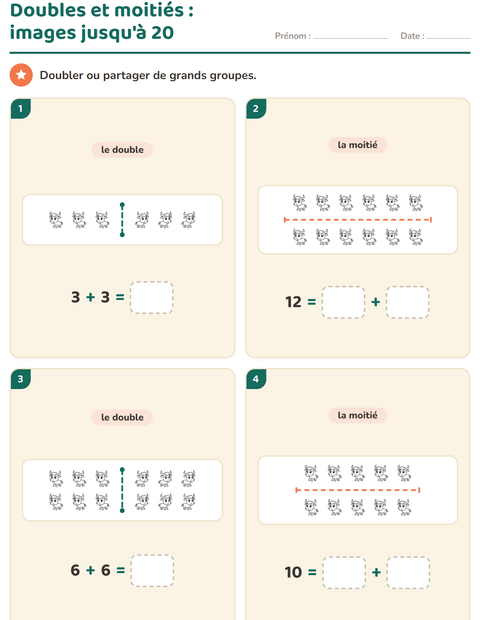 Aperçu de la fiche Doubles et moitiés avec Animaux NB 2 pour CP (cours préparatoire)