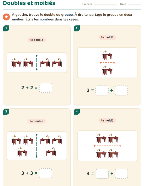 Aperçu de la fiche Doubles et moitiés avec Autour de la maison pour CP (cours préparatoire)