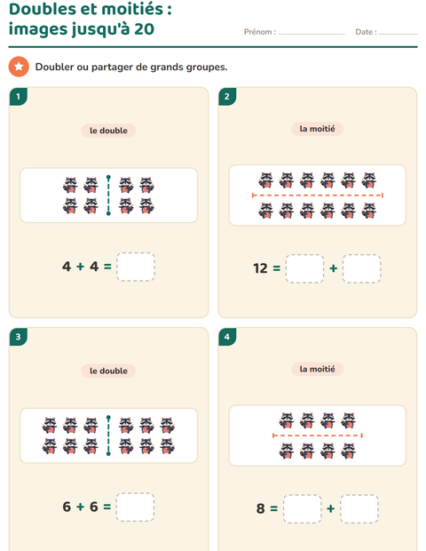 Aperçu de la fiche Doubles et moitiés avec Camping pour CP (cours préparatoire)