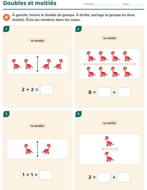 Aperçu de la fiche Doubles et moitiés avec Dinosaures pour CP (cours préparatoire)