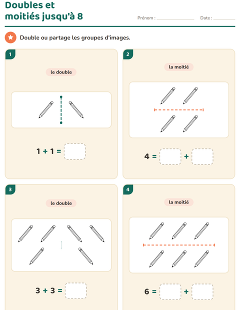 Aperçu de la fiche Doubles et moitiés avec Éducation NB pour CP (cours préparatoire)