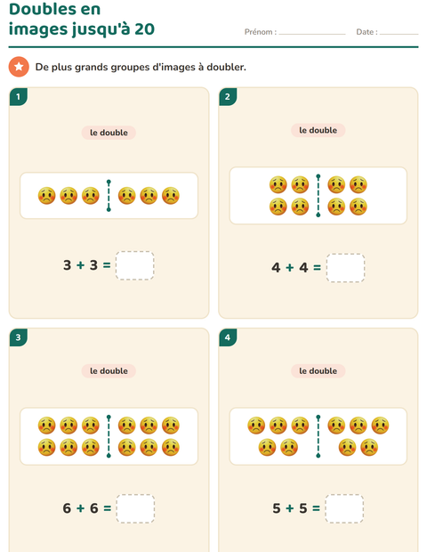 Aperçu de la fiche Doubles et moitiés avec Émotions pour CP (cours préparatoire)