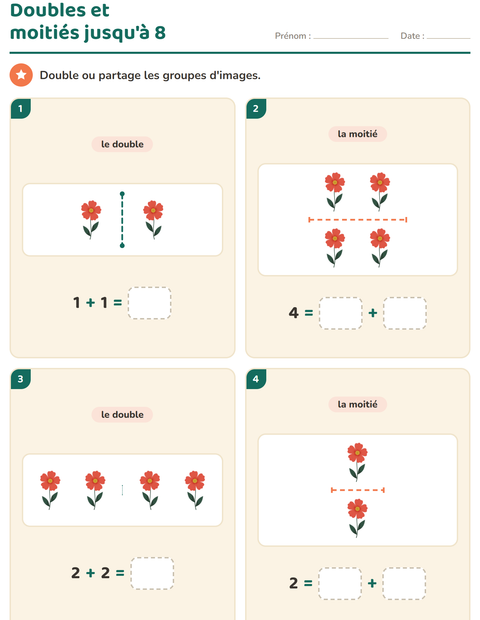 Aperçu de la fiche Doubles et moitiés avec Fleurs pour CP (cours préparatoire)