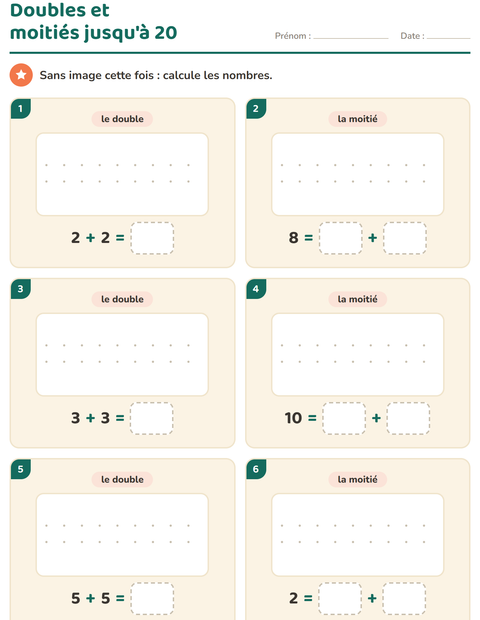 Aperçu de la fiche Doubles et moitiés pour CP (cours préparatoire)