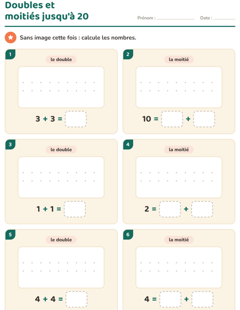 Aperçu de la fiche Doubles et moitiés pour CP (cours préparatoire)