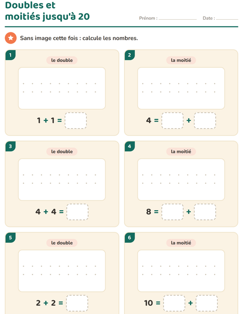 Aperçu de la fiche Doubles et moitiés pour CP (cours préparatoire)
