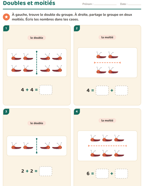 Aperçu de la fiche Doubles et moitiés avec Insectes et bestioles pour CP (cours préparatoire)