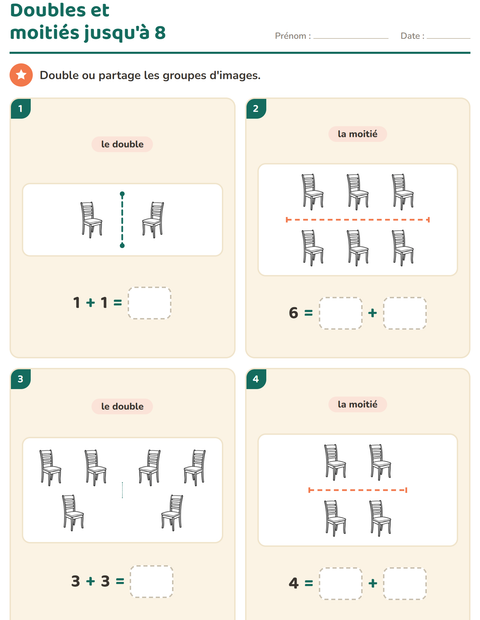 Aperçu de la fiche Doubles et moitiés avec Meubles NB pour CP (cours préparatoire)