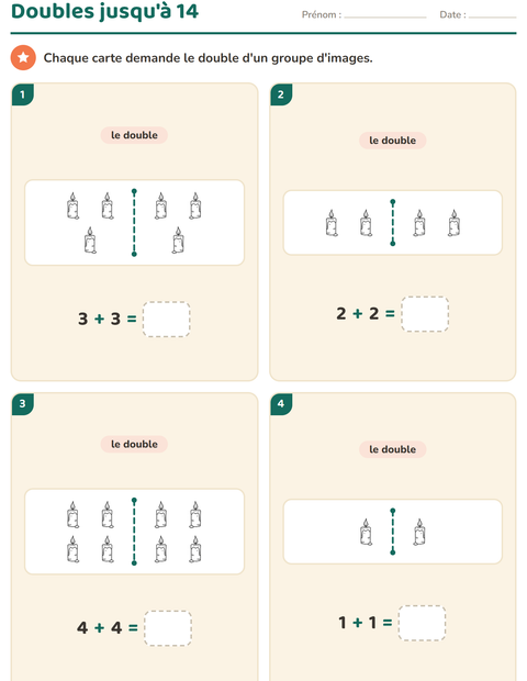 Aperçu de la fiche Doubles et moitiés avec Noël N&B pour CP (cours préparatoire)