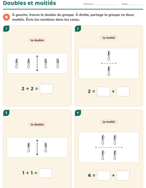 Aperçu de la fiche Doubles et moitiés avec Objets NB pour CP (cours préparatoire)