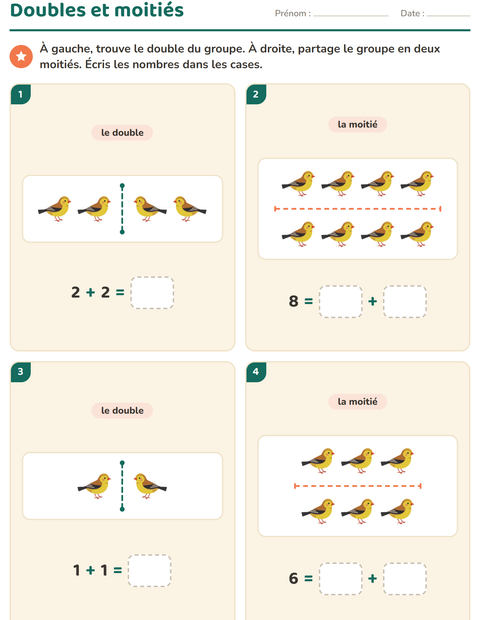 Aperçu de la fiche Doubles et moitiés avec Oiseaux 2 pour CP (cours préparatoire)