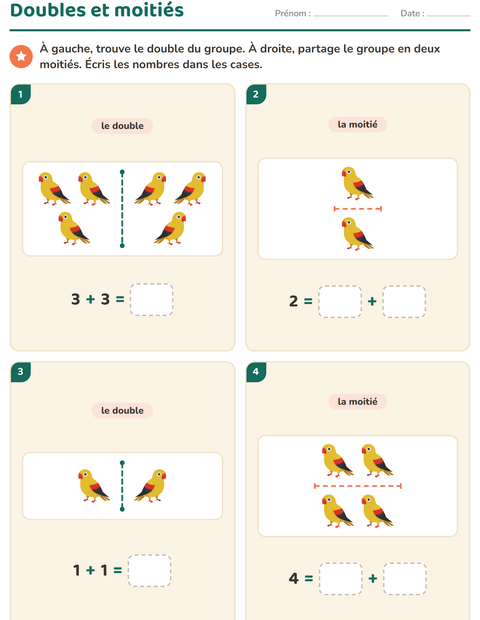 Aperçu de la fiche Doubles et moitiés avec Oiseaux pour CP (cours préparatoire)