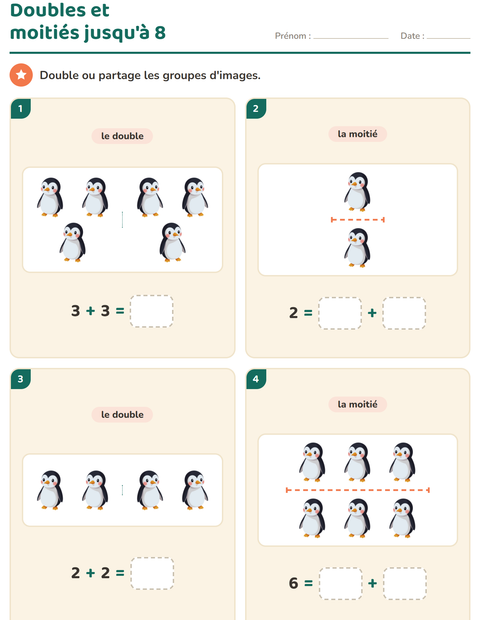 Aperçu de la fiche Doubles et moitiés avec Oiseaux pour CP (cours préparatoire)