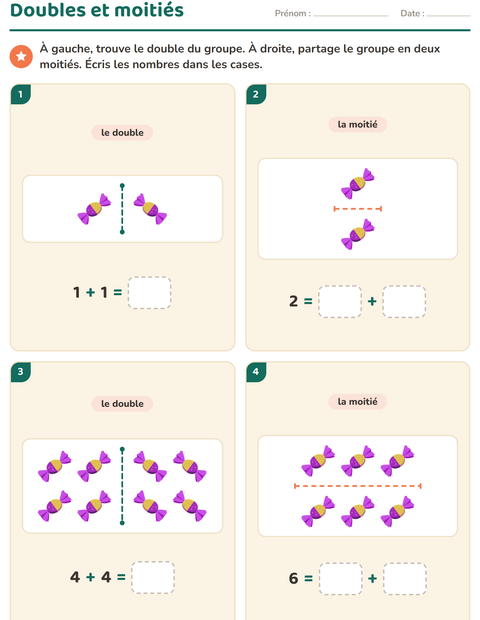 Aperçu de la fiche Doubles et moitiés avec Pâques pour CP (cours préparatoire)