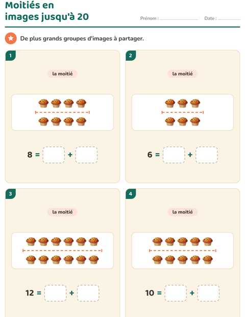Aperçu de la fiche Doubles et moitiés avec Petit-déjeuner pour CP (cours préparatoire)