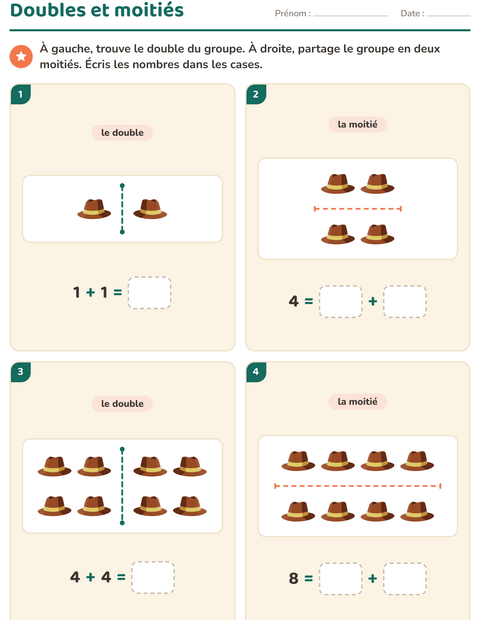 Aperçu de la fiche Doubles et moitiés avec Plage pour CP (cours préparatoire)