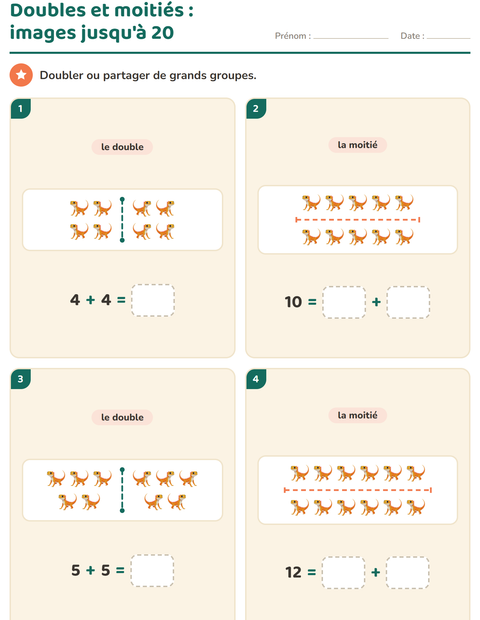 Aperçu de la fiche Doubles et moitiés avec Reptiles et amphibiens pour CP (cours préparatoire)
