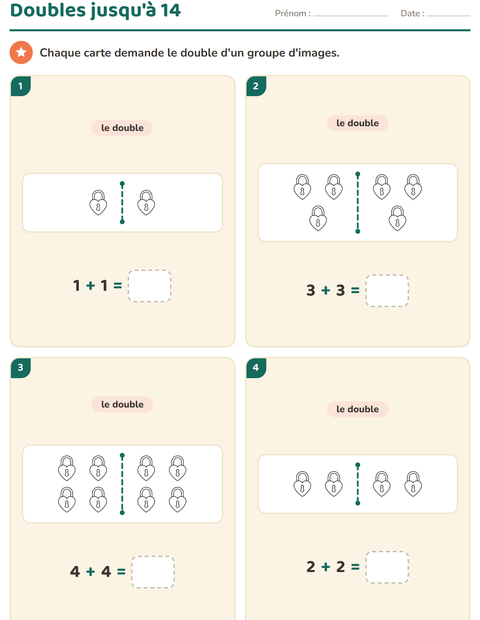 Aperçu de la fiche Doubles et moitiés avec Saint-Valentin NB pour CP (cours préparatoire)