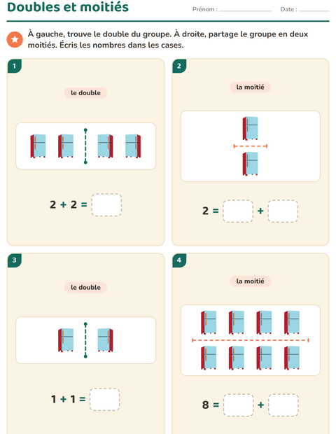Aperçu de la fiche Doubles et moitiés avec Ustensiles de cuisine pour CP (cours préparatoire)