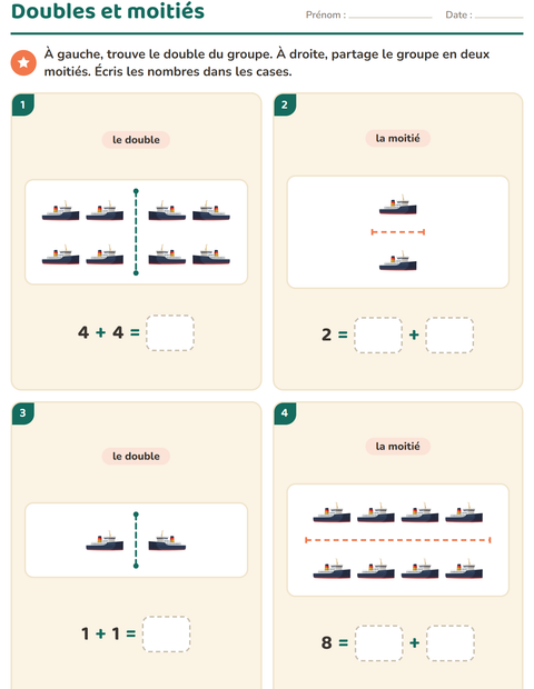 Aperçu de la fiche Doubles et moitiés avec Véhicules pour CP (cours préparatoire)