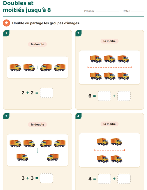 Aperçu de la fiche Doubles et moitiés avec Véhicules pour CP (cours préparatoire)
