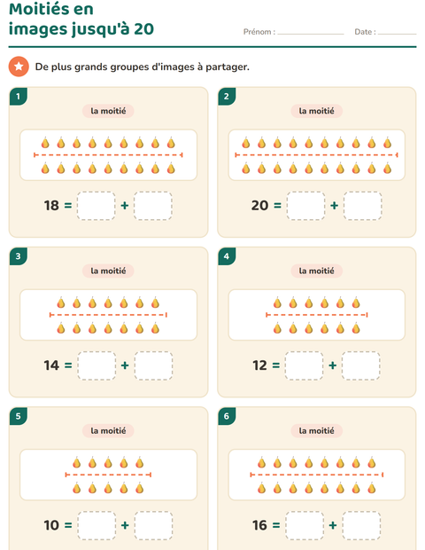 Aperçu de la fiche Doubles et moitiés avec Fruits pour CP (cours préparatoire)