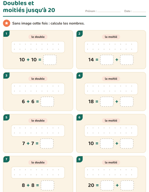 Aperçu de la fiche Doubles et moitiés pour CP (cours préparatoire)