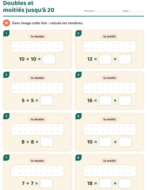 Aperçu de la fiche Doubles et moitiés pour CP (cours préparatoire)