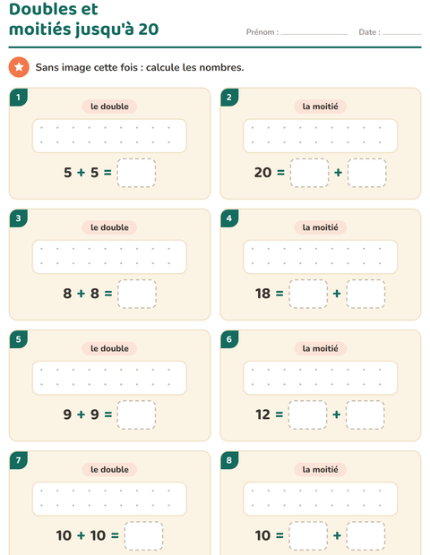 Aperçu de la fiche Doubles et moitiés pour CP (cours préparatoire)