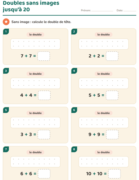 Doubles jusqu'à 20 sans images : huit calculs de tête