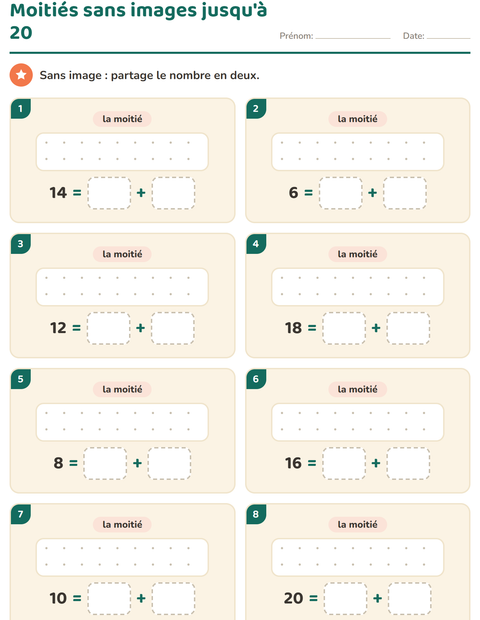 Moitiés jusqu'à 20 sans images : couper un nombre en deux